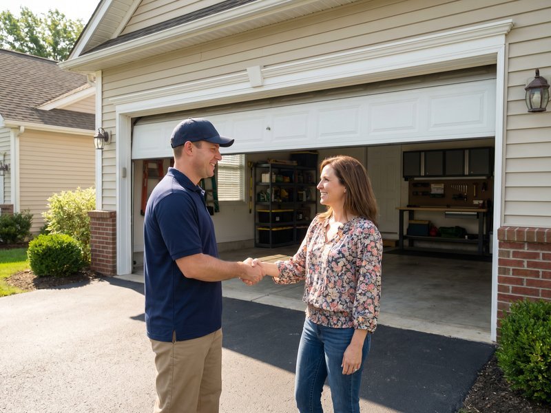 Technician discussing a garage door with a homeowner