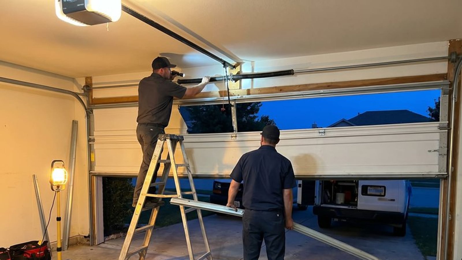 Two workers checking upper hardware inside a lit garage