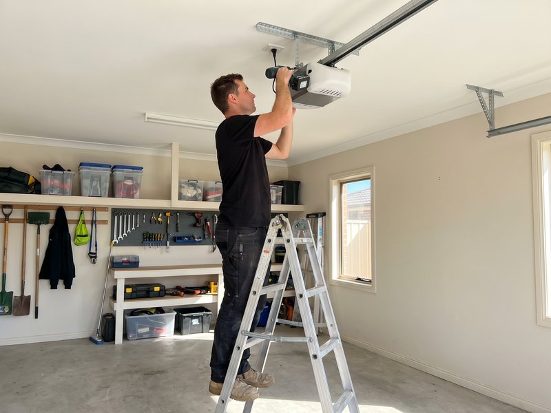 Installer fitting the rail and ceiling-mounted garage door operator