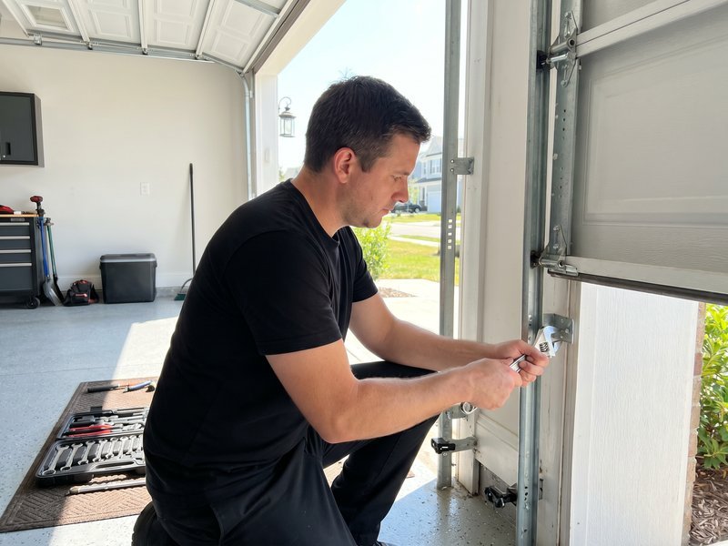 Worker examining side hardware alongside a sectional door